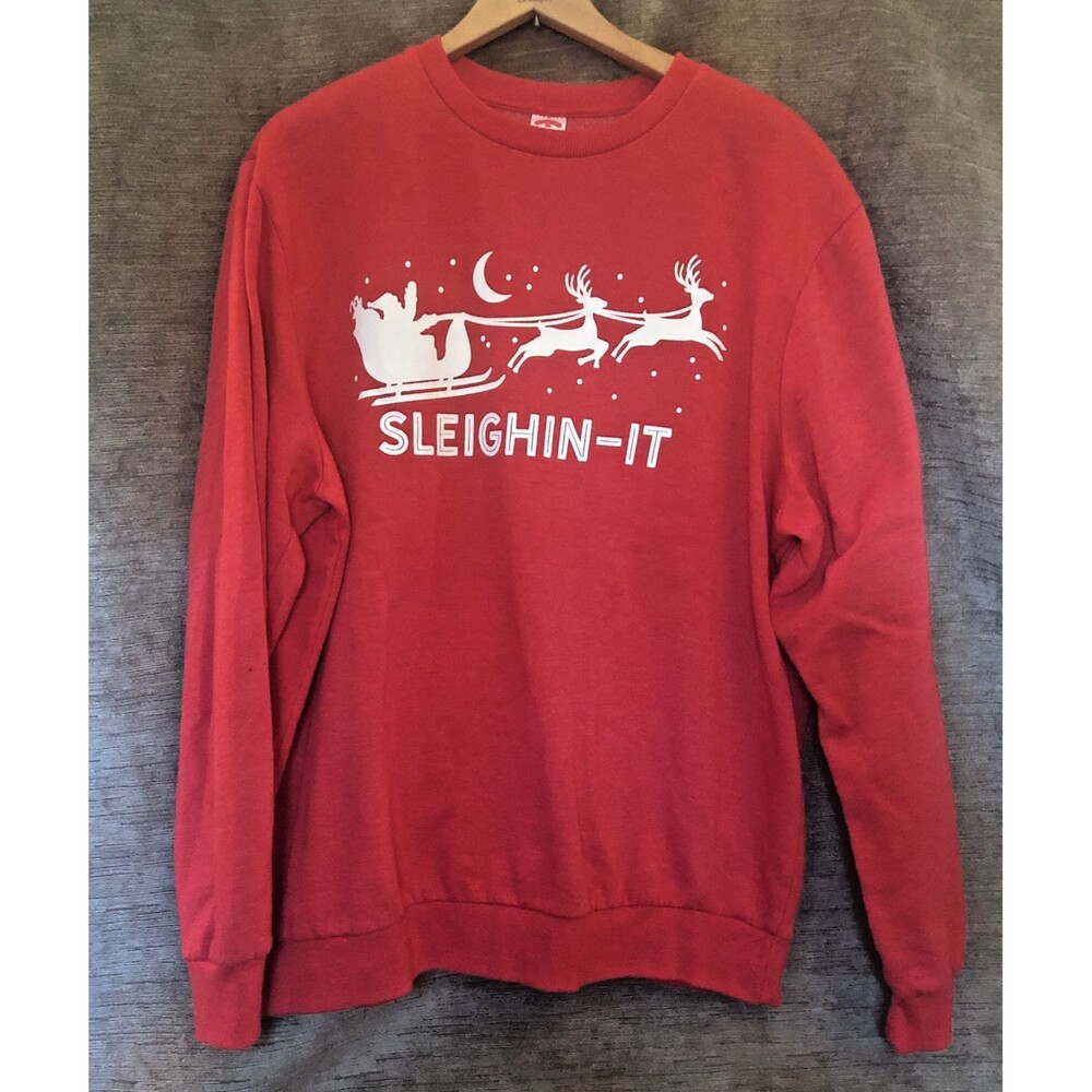 Christmas Red Sweatshirt Size XL/XG 46-48 Santa Sleigh Reindeer